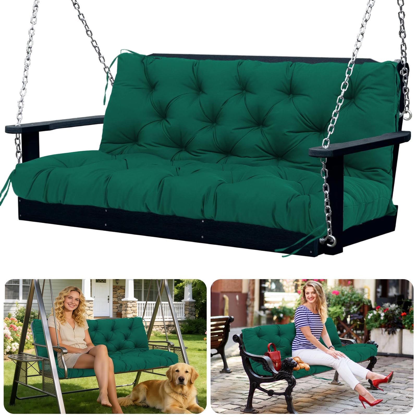 SXBFHGH front view of dark green porch swing cushion showing shape and fit for comfort