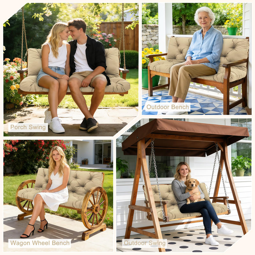 SXBFHGH cushion beside a chair showing size comparison and correct fit for three-seater swings