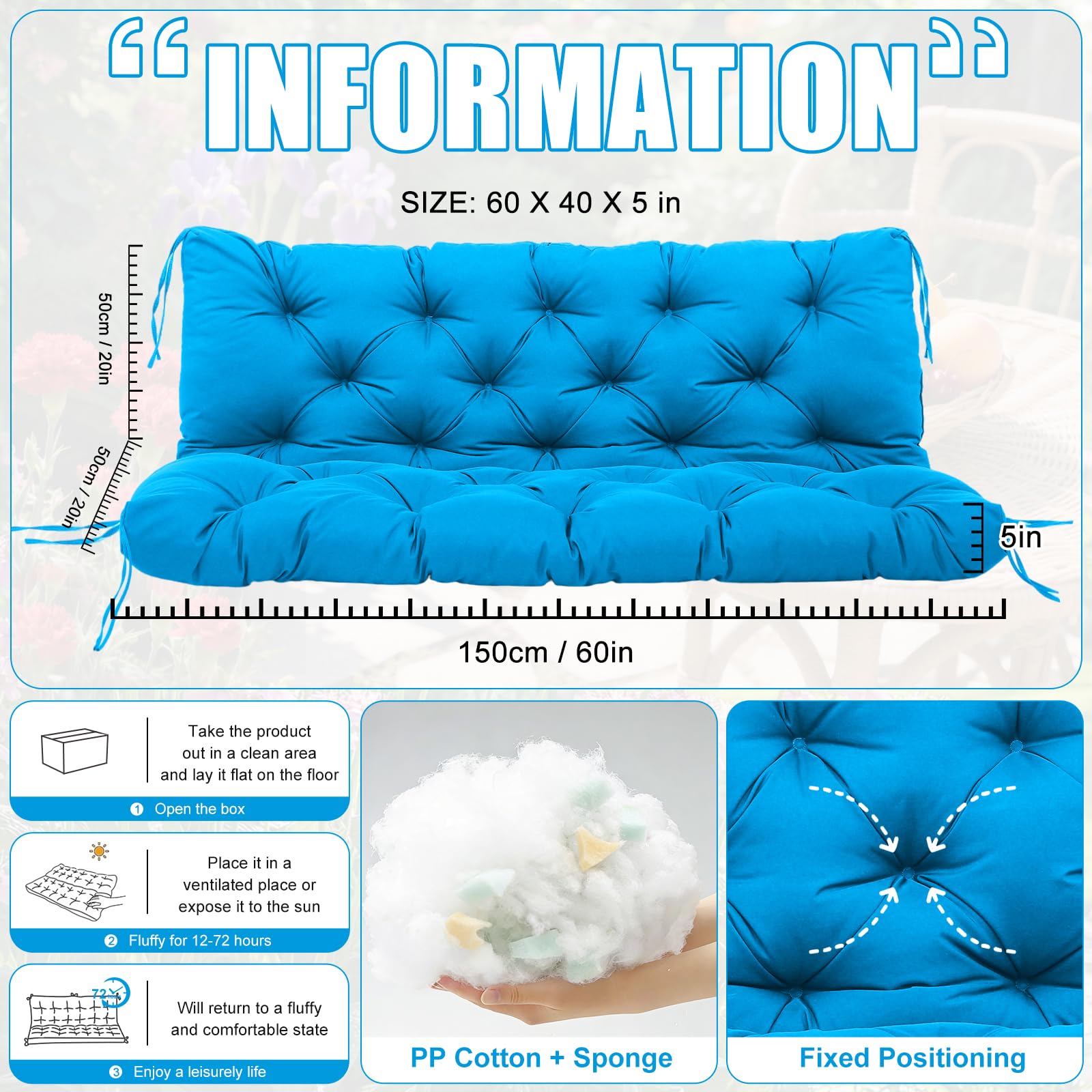SXBFHGH cushion next to measuring tape showing 60x40x5 inch dimensions