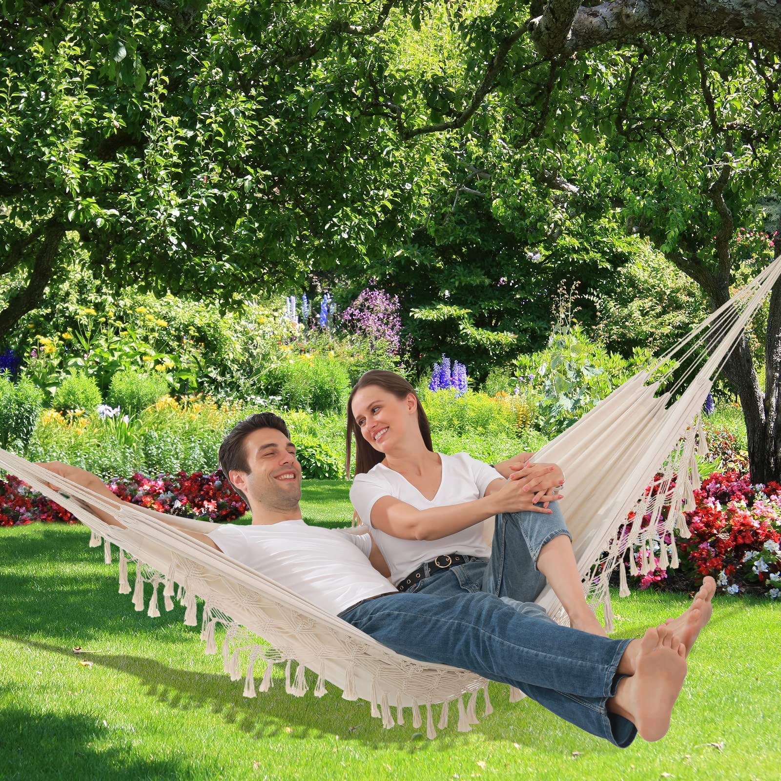 SXSEAGLE hammock styled in garden setting showing outdoor relaxation benefit