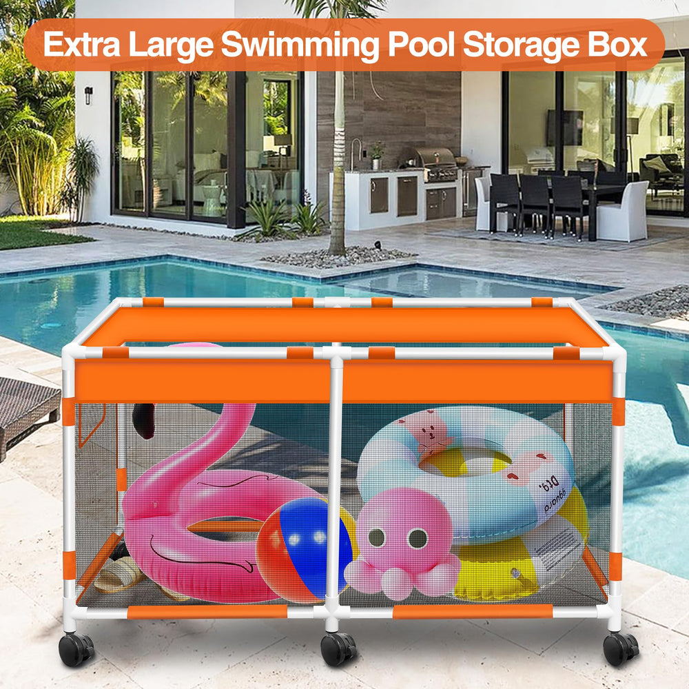Syagnos loaded poolside with floats demonstrating organized storage benefit