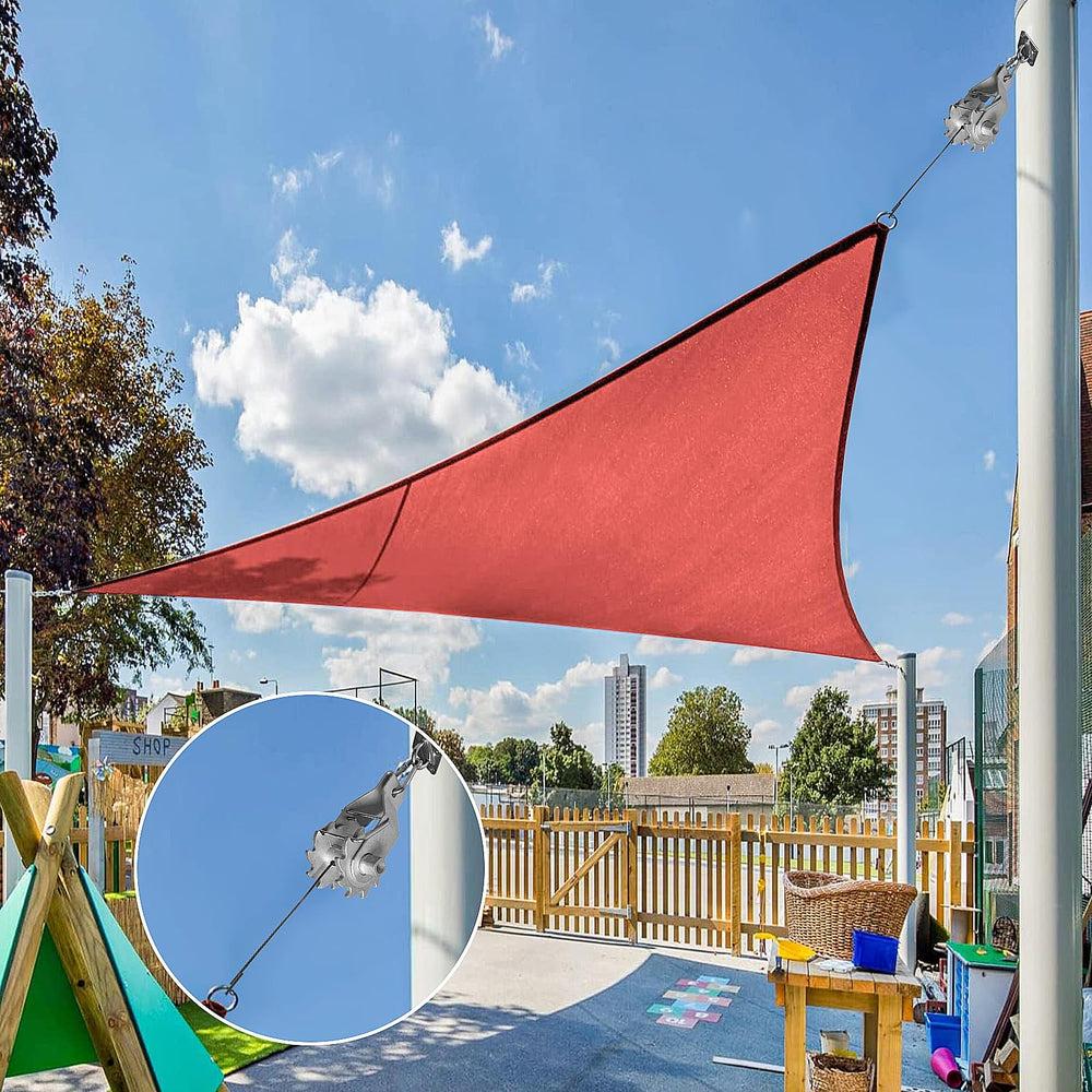 SYGELER installed on a patio tensioning a shade sail showing weatherproof performance benefit