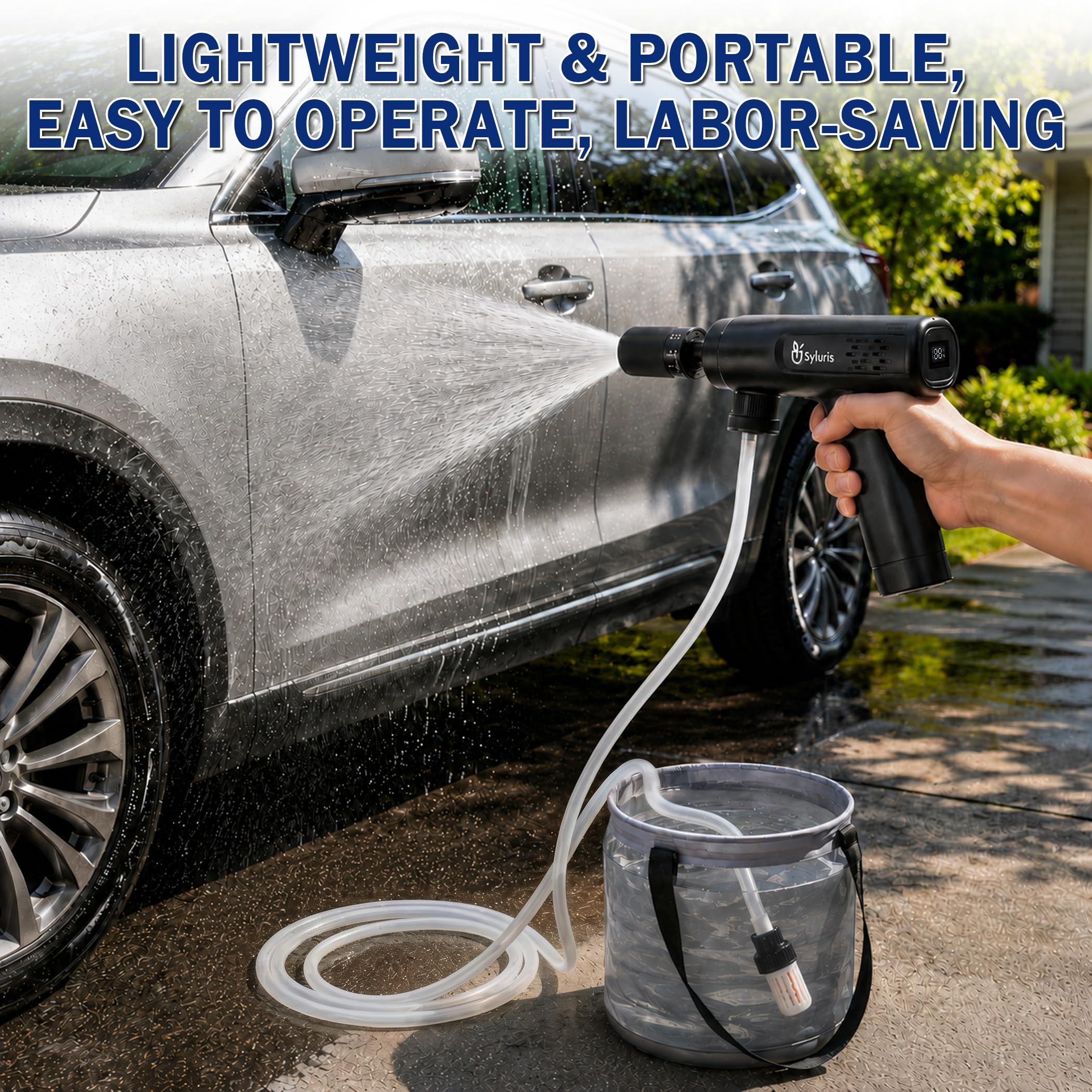 Syluris washing car illustrating effective grime removal and convenience benefit