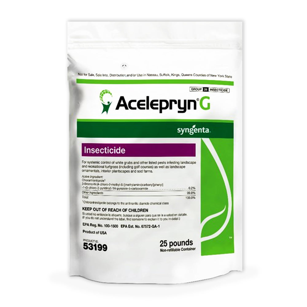 Syngenta Acelepryn G front packaging showing 25 lb bag and product name for easy identification