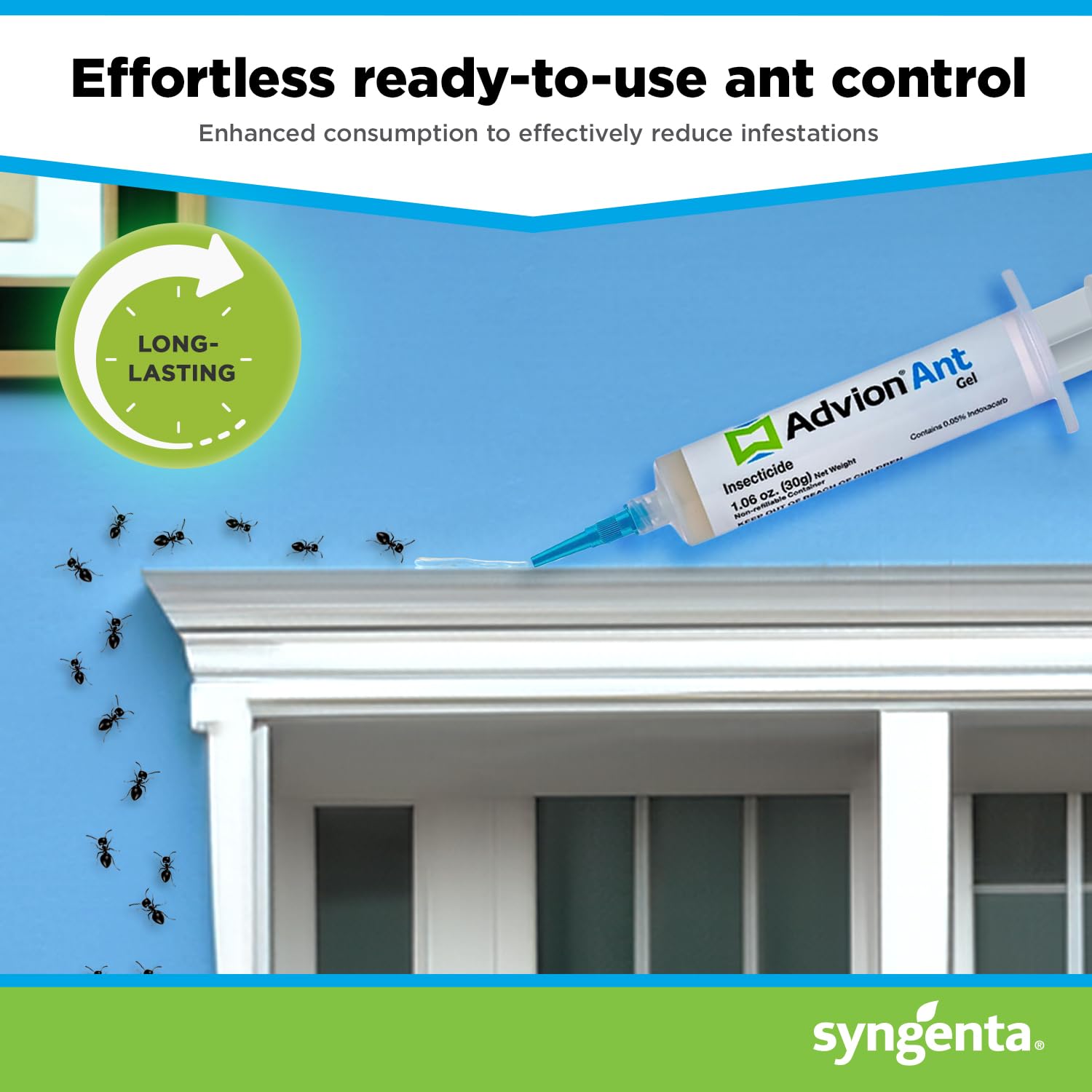 Syngenta Advion gel beside a coin to show 30 g syringe scale