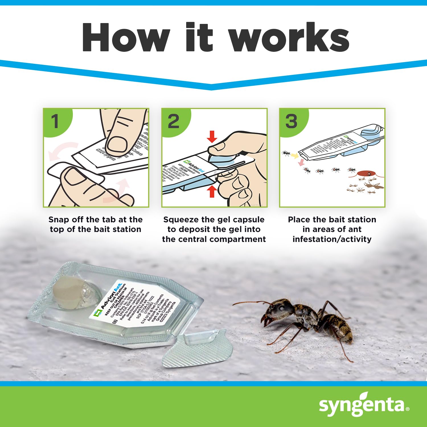 Syngenta Advion station placed on kitchen baseboard with ants nearby, indoor control benefit