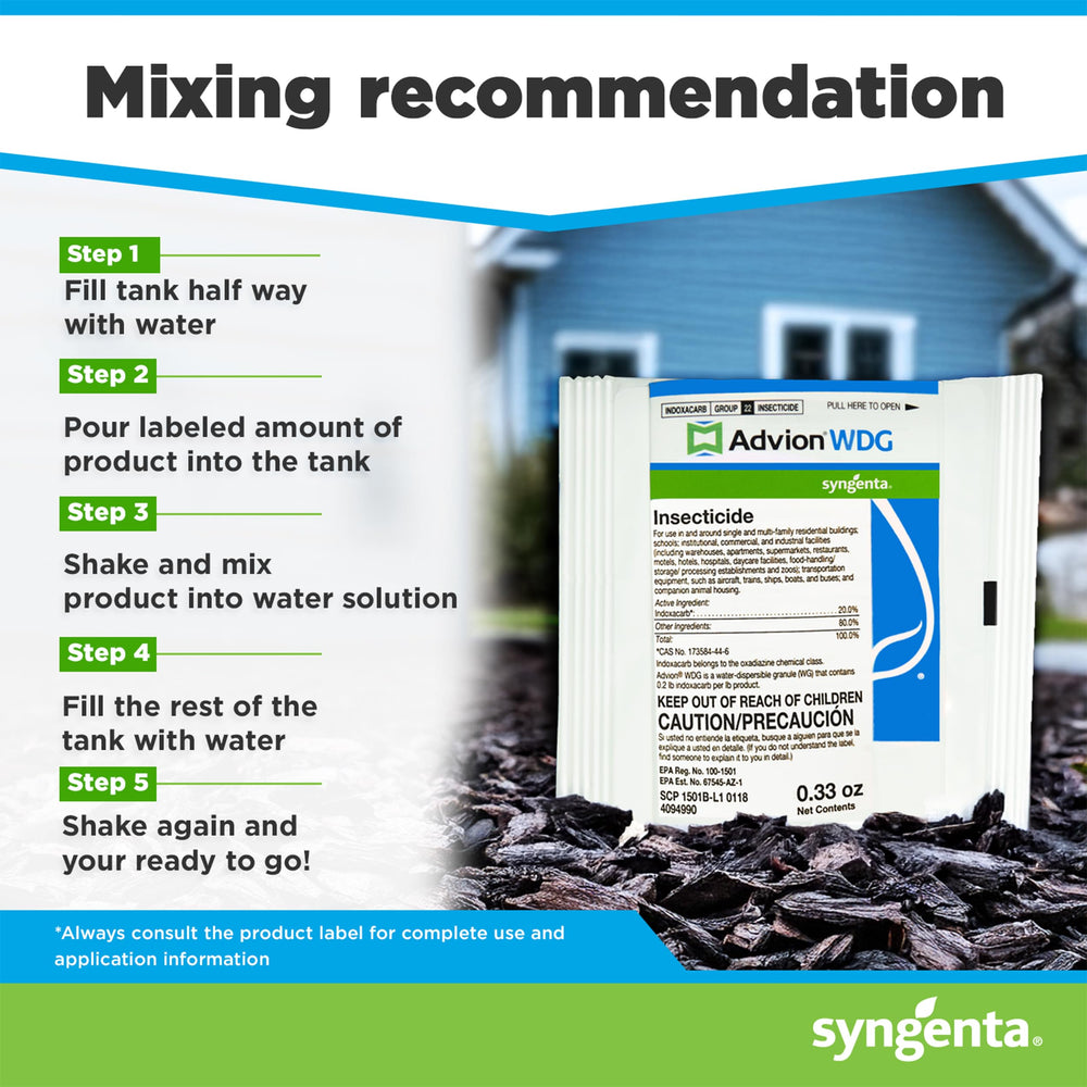 Syngenta Advion packets next to a measuring cup showing compact packet portability