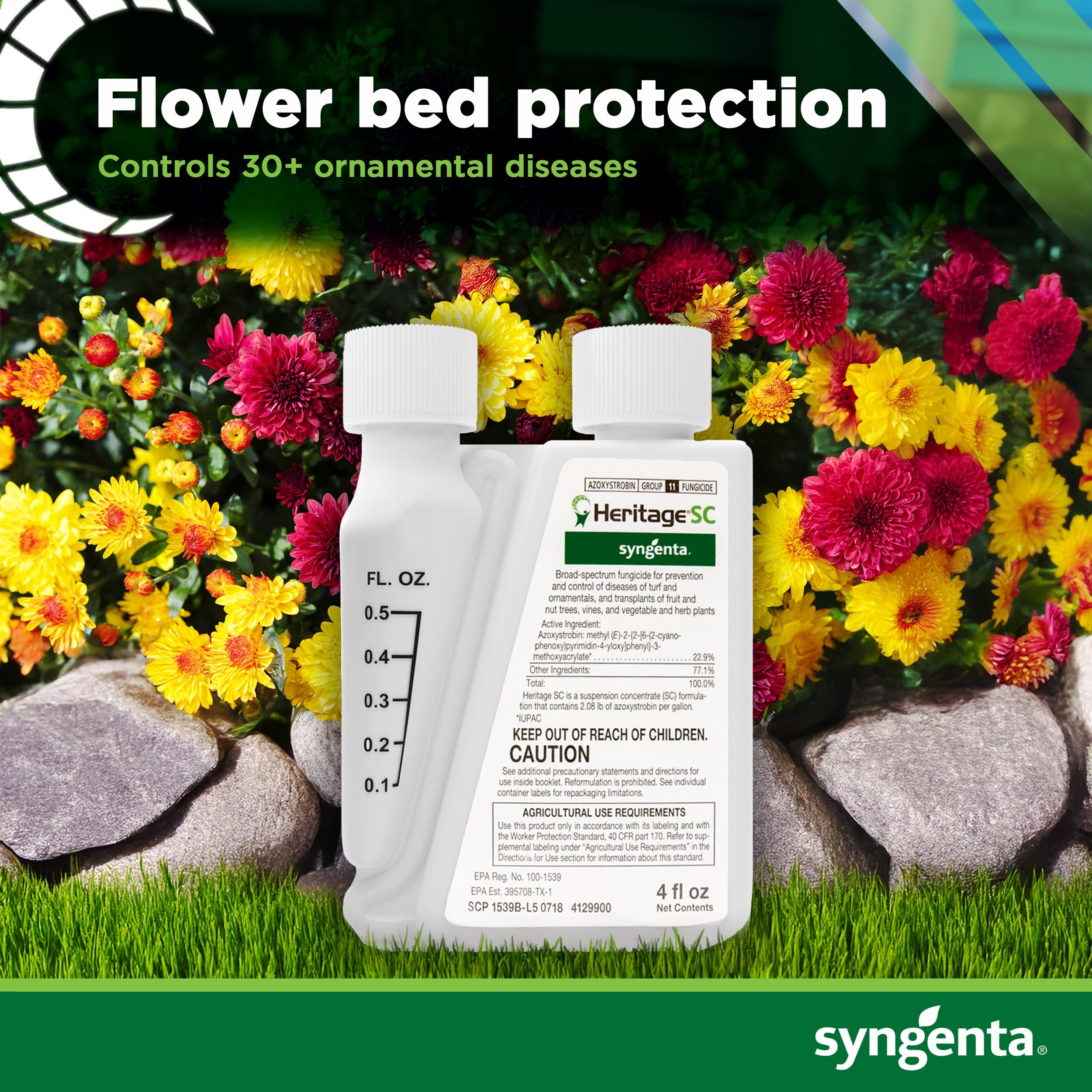 Syngenta Heritage SC next to a measuring cup showing the 4oz size for precise professional dosing
