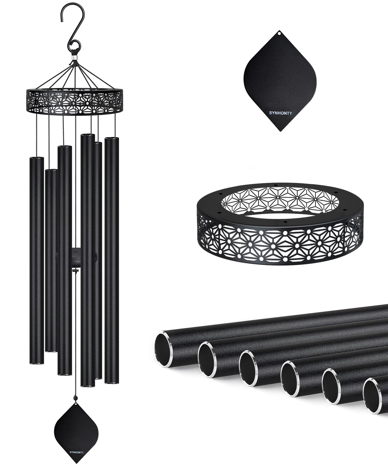 Synhonty front view of black wind chimes showing elegant design and curb appeal