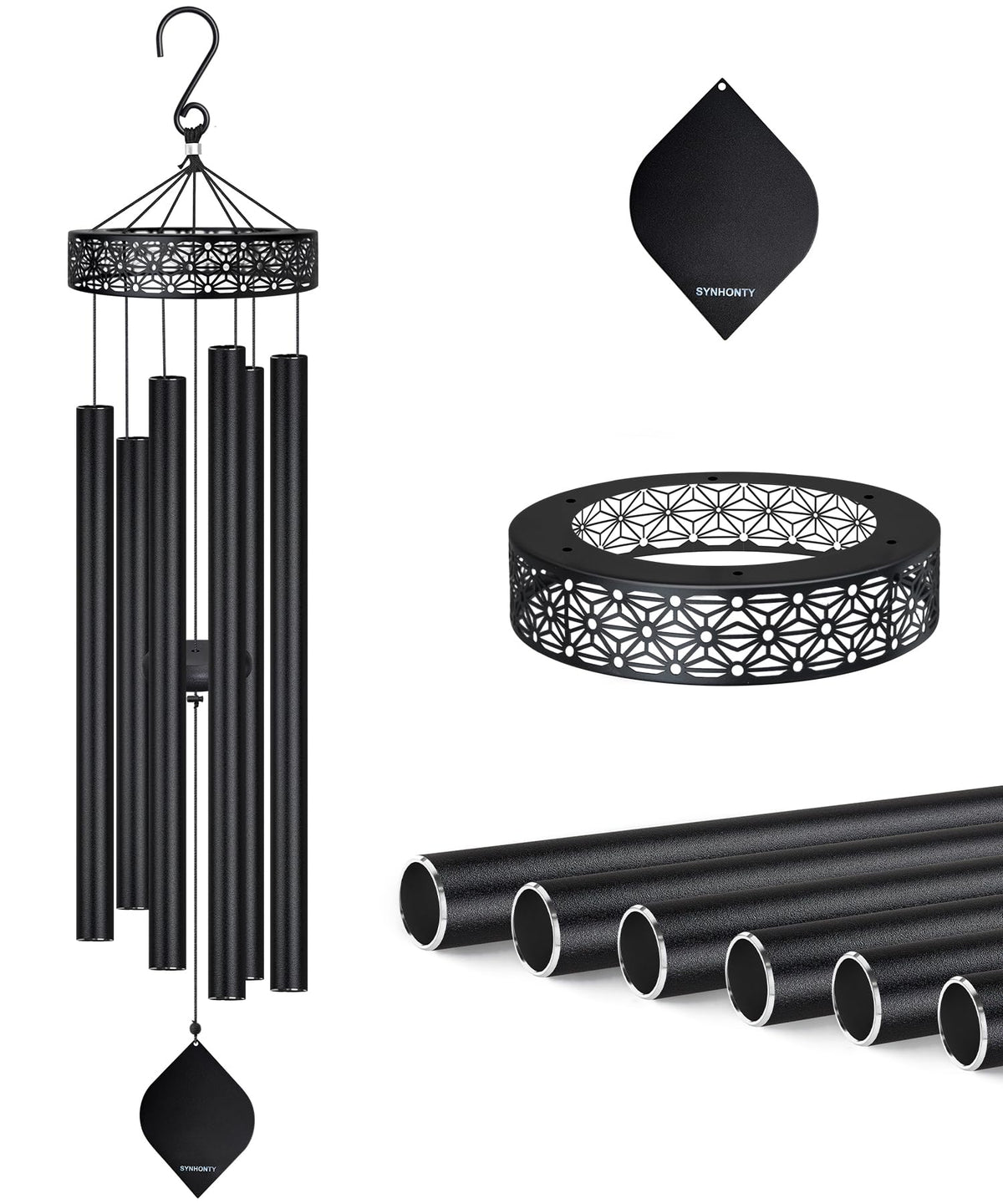 Synhonty front view of black wind chimes showing elegant design and curb appeal