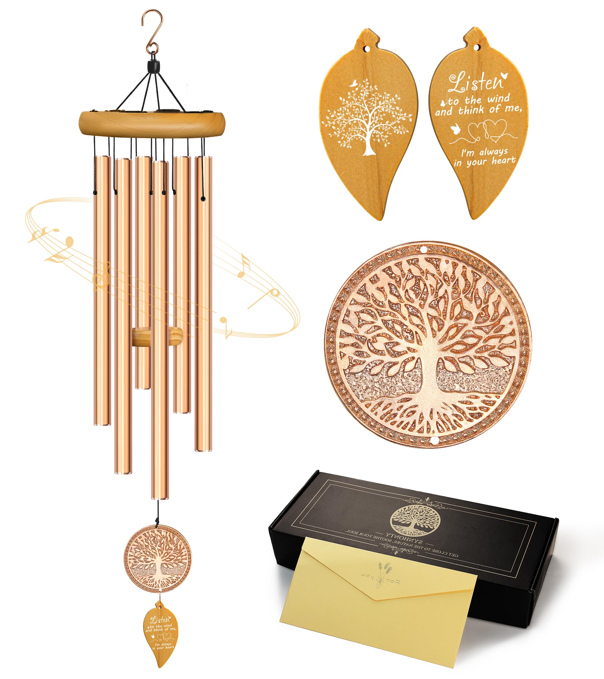 Synhonty rose gold wind chimes front view showing gift packaging and ribbon benefit: ready-to-gift