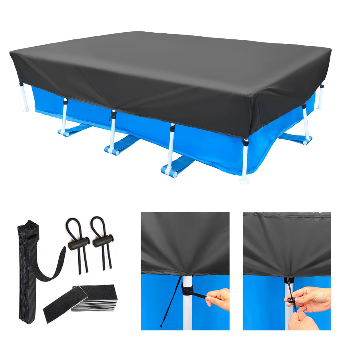 SYPGIHNA front view of rectangular pool cover showing full fit and neat edges protecting pool