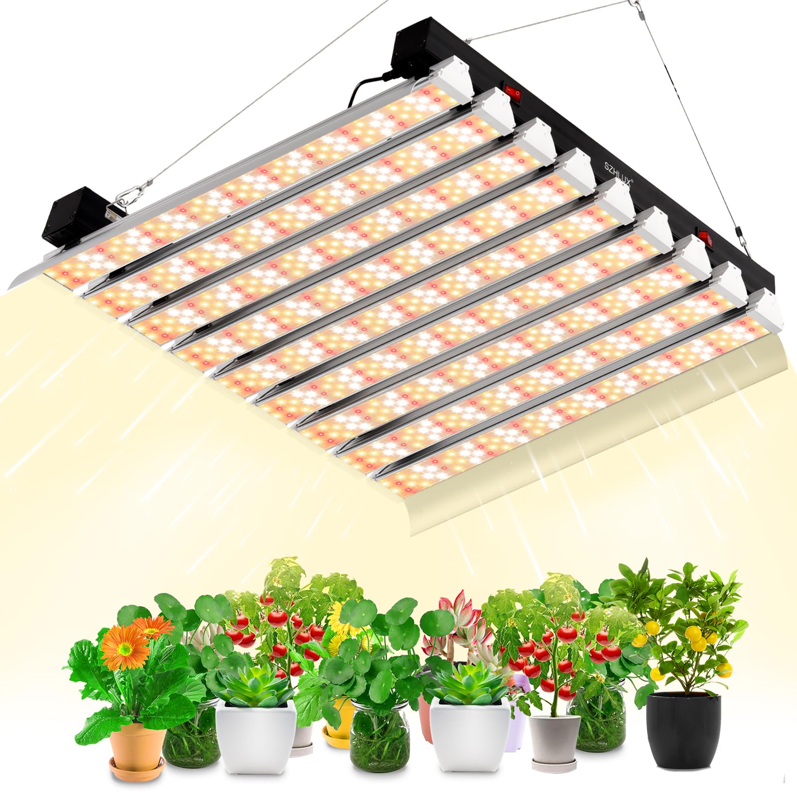 SZHLUX front view of 400W grow light showing full panel and mounting points, clear setup benefit
