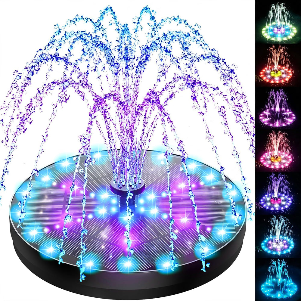 SZMP front view of solar fountain showing panel and pump, bright daytime benefit
