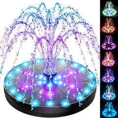 SZMP front view of solar fountain showing panel and pump, bright daytime benefit
