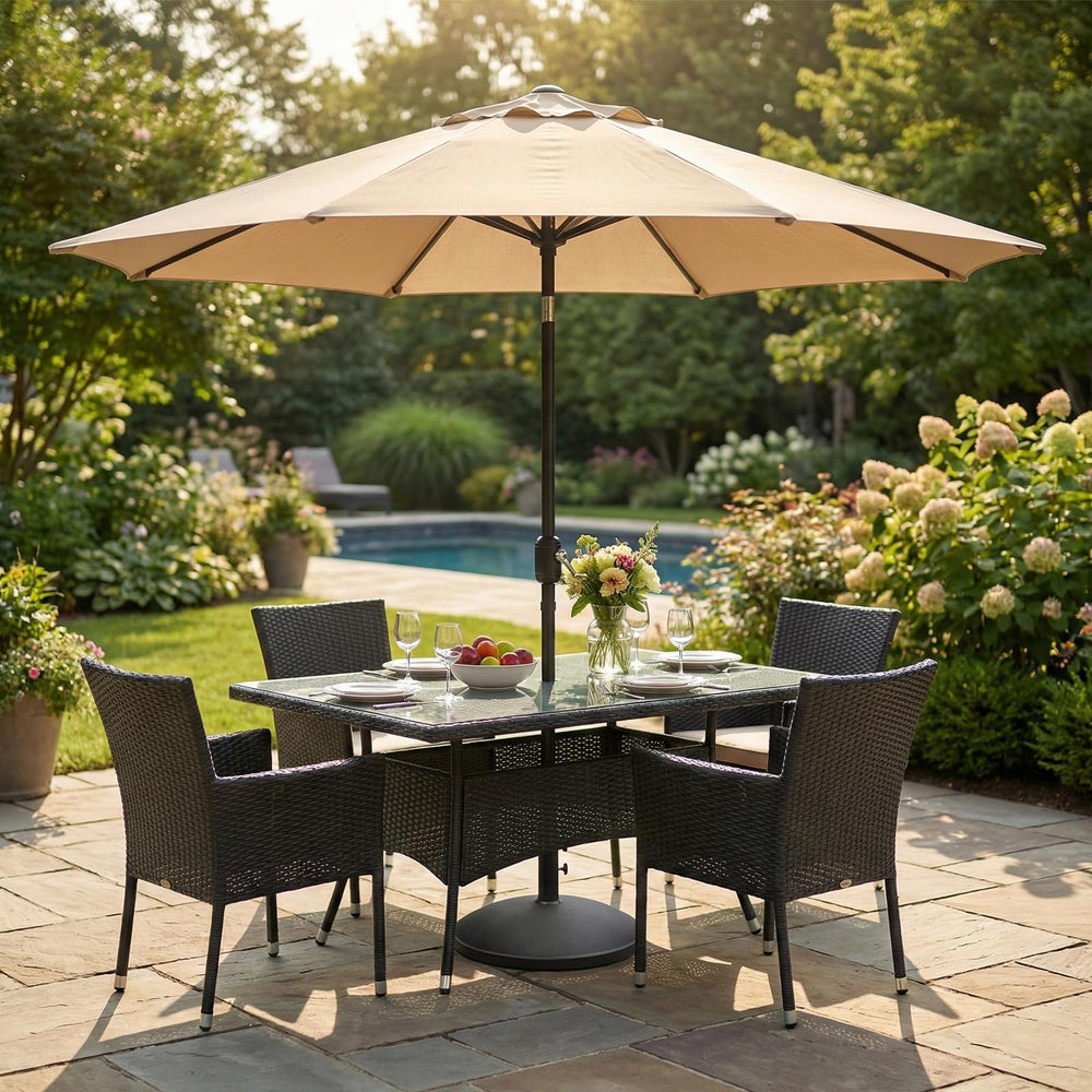 T&Jero installed on patio with umbrella providing steady shade and clean style