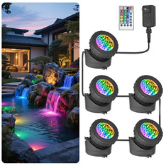 T-SUN front view showing five lightheads illuminating a pond with vivid colors