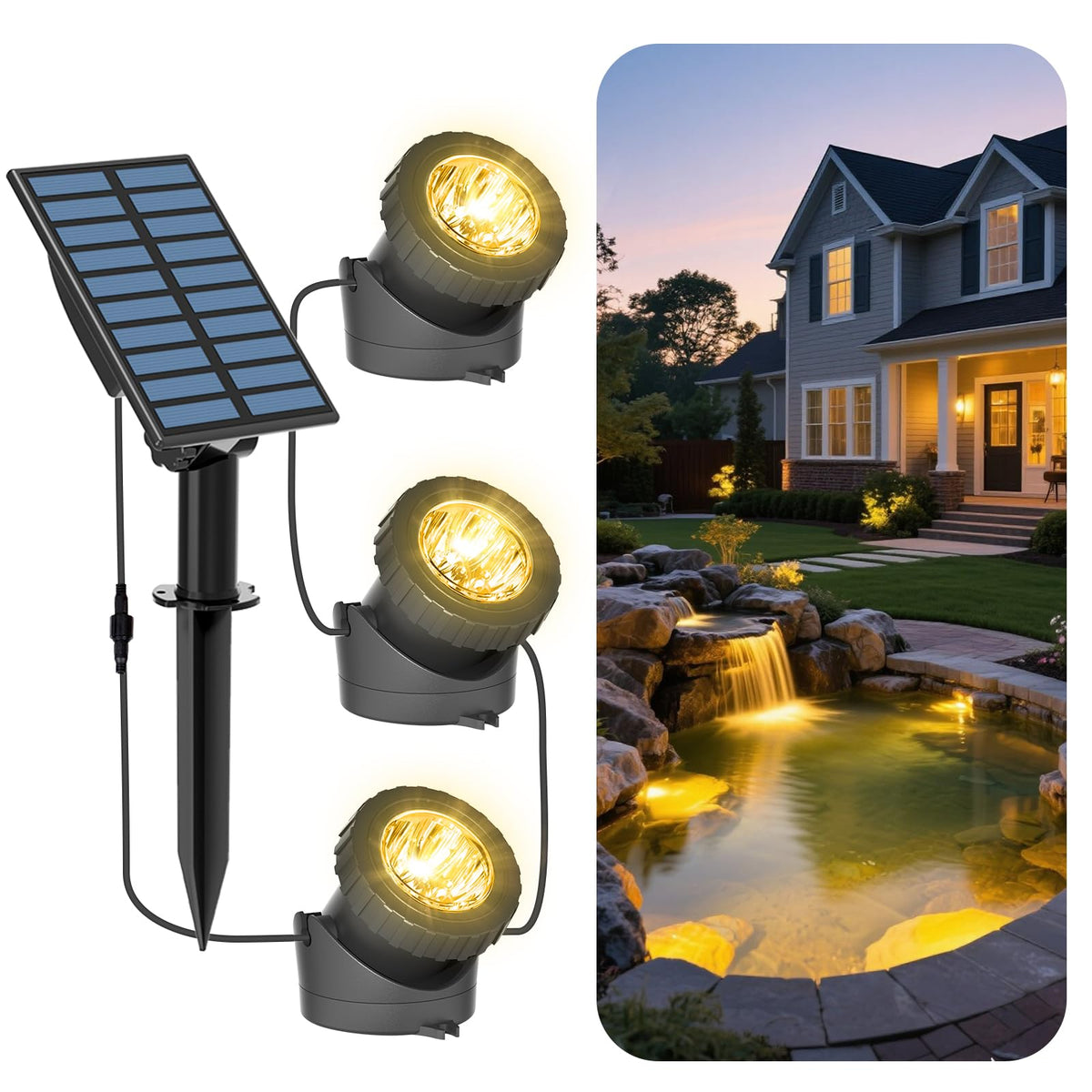 T-SUN front view showing compact submersible light and clear benefit of waterproof durability