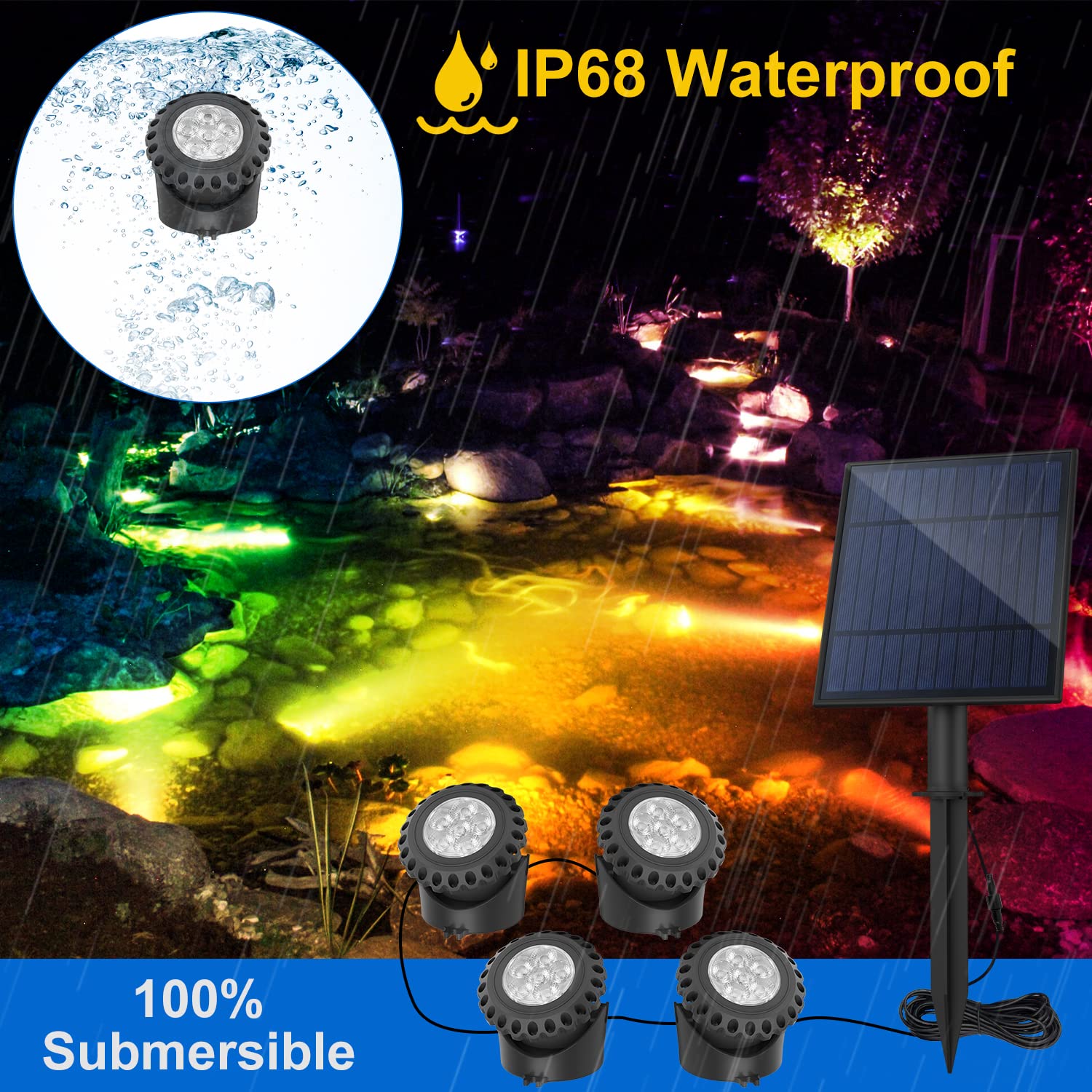 T-SUN submerged in pond showing waterproof performance and vibrant color glow