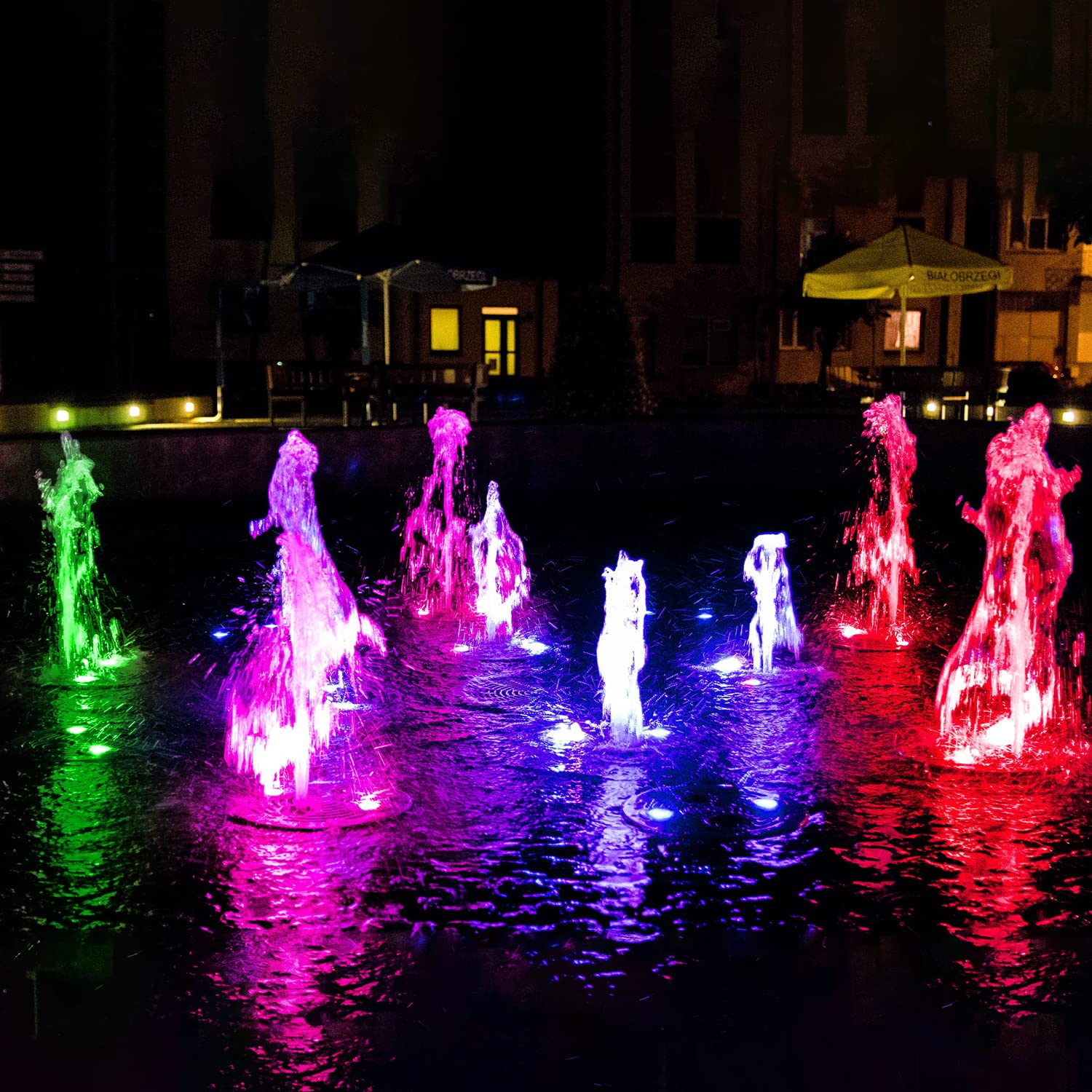 T-SUN nighttime fountain lit with RGB lights, enhances garden ambiance and visibility