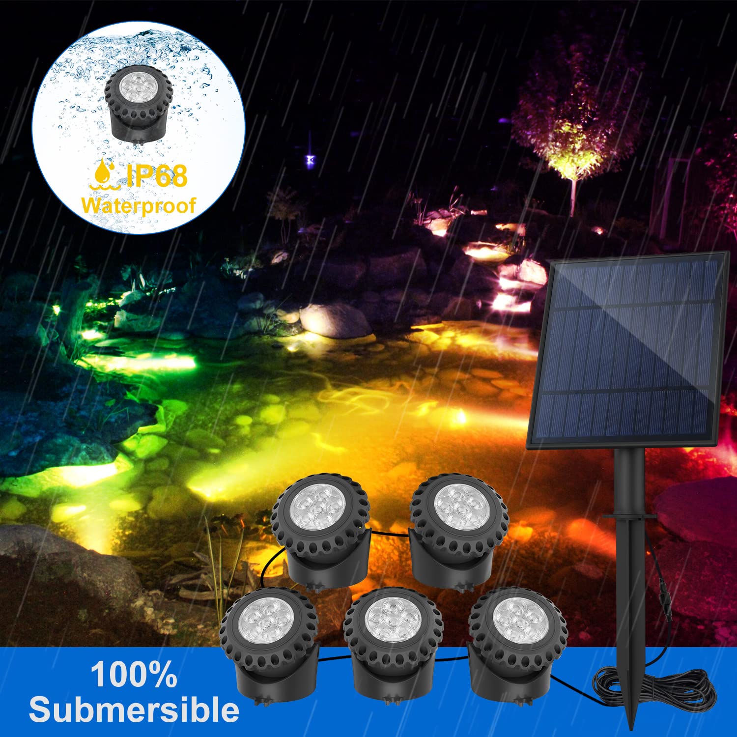 T-SUN underwater pond light installed in pond, creates vibrant multicolor effects