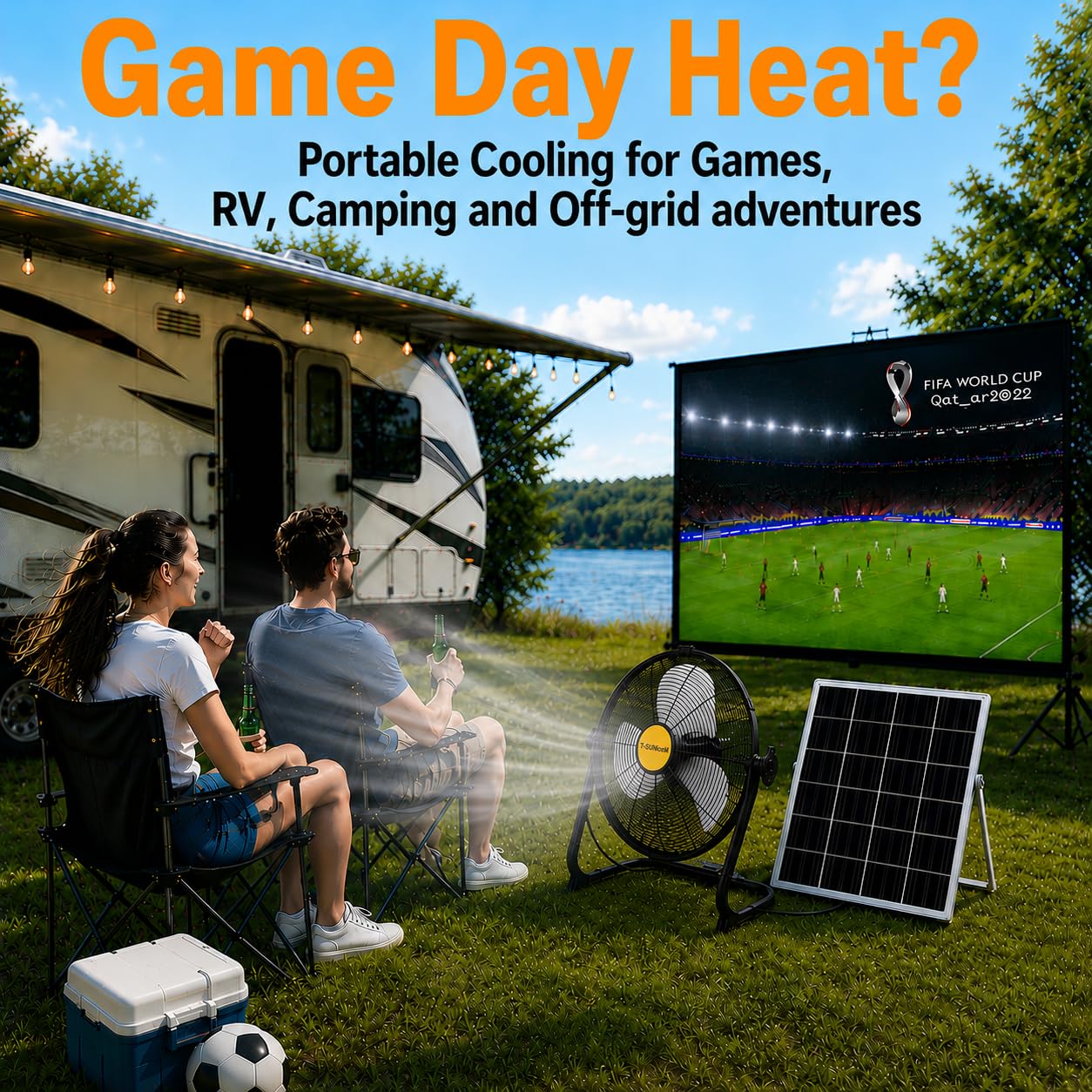 T-SUNiceM side angle with solar panel connected for extended runtime