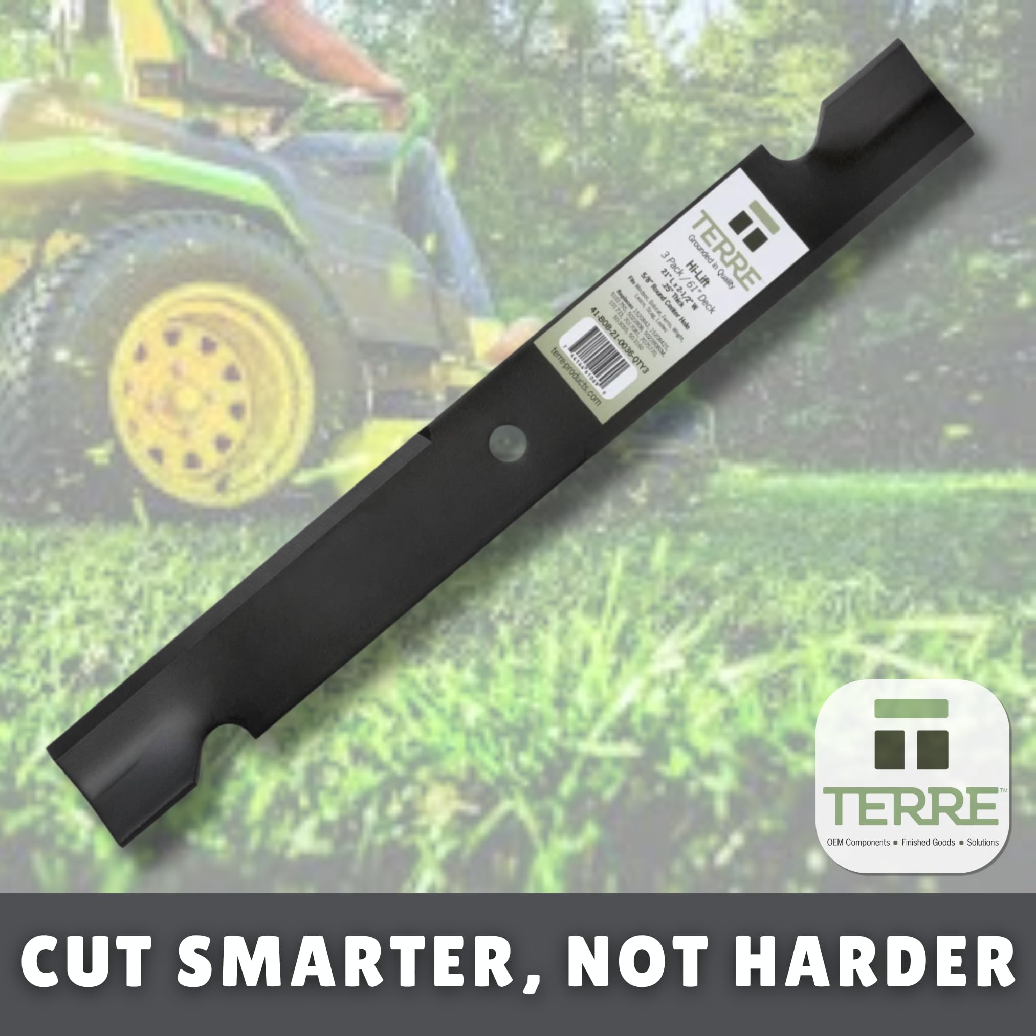 T TERRE blade in use on zero-turn mower showing improved grass discharge