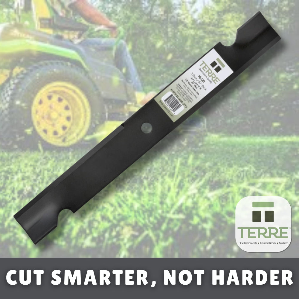 T TERRE blade in use on zero-turn mower showing improved grass discharge