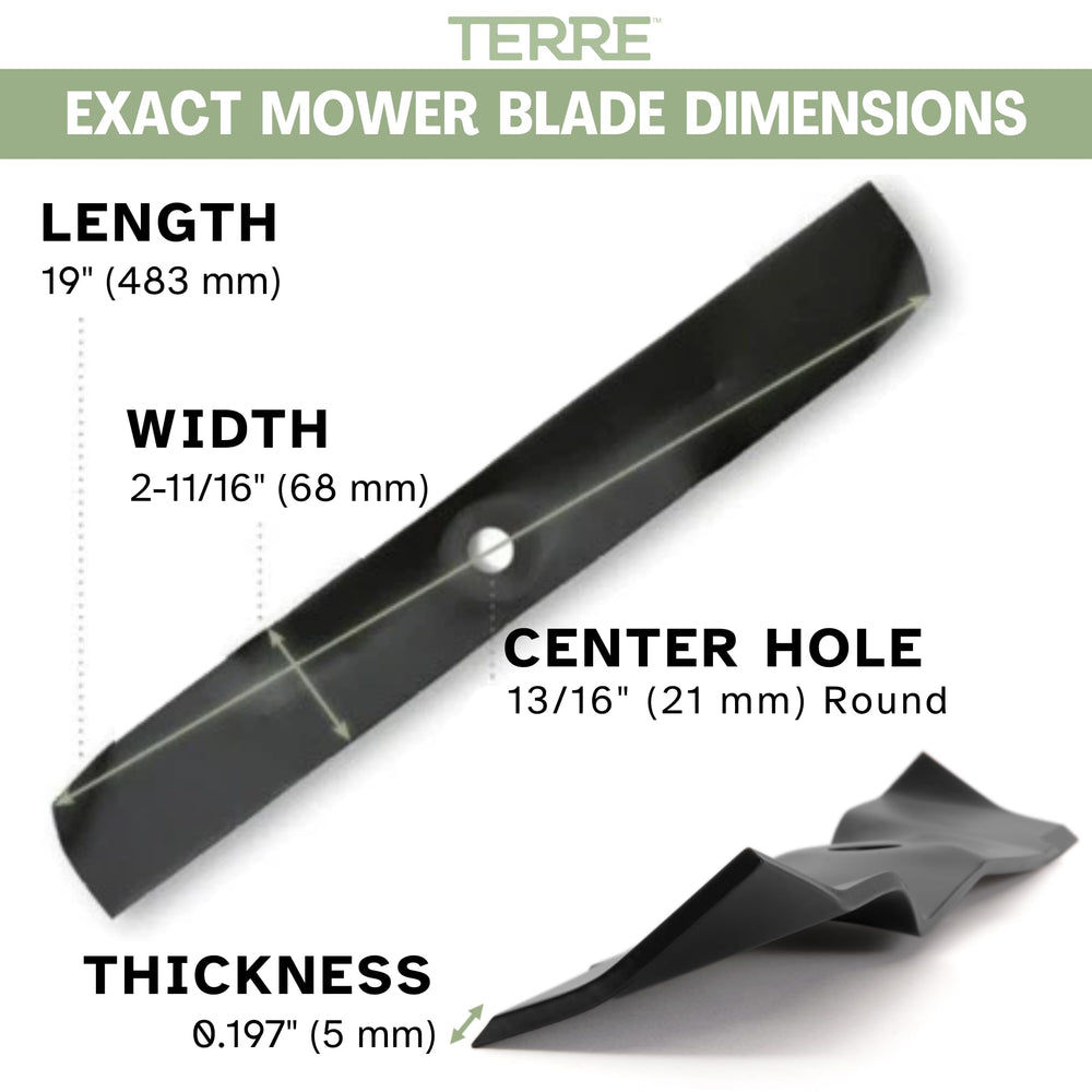T TERRE blade beside ruler showing 19 inch length for 54 inch decks