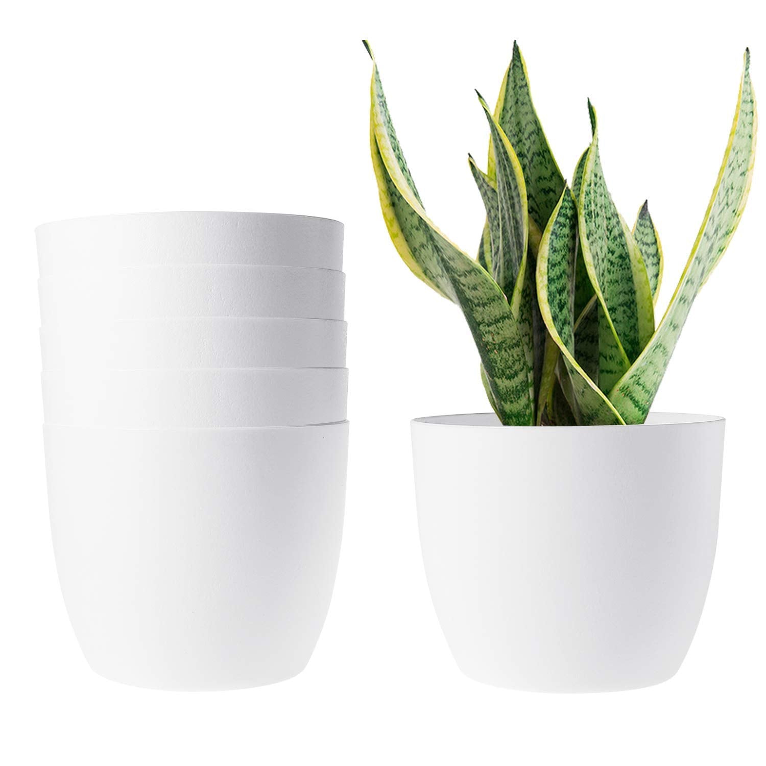 T4U front view showing six white self watering planters for coordinated decor