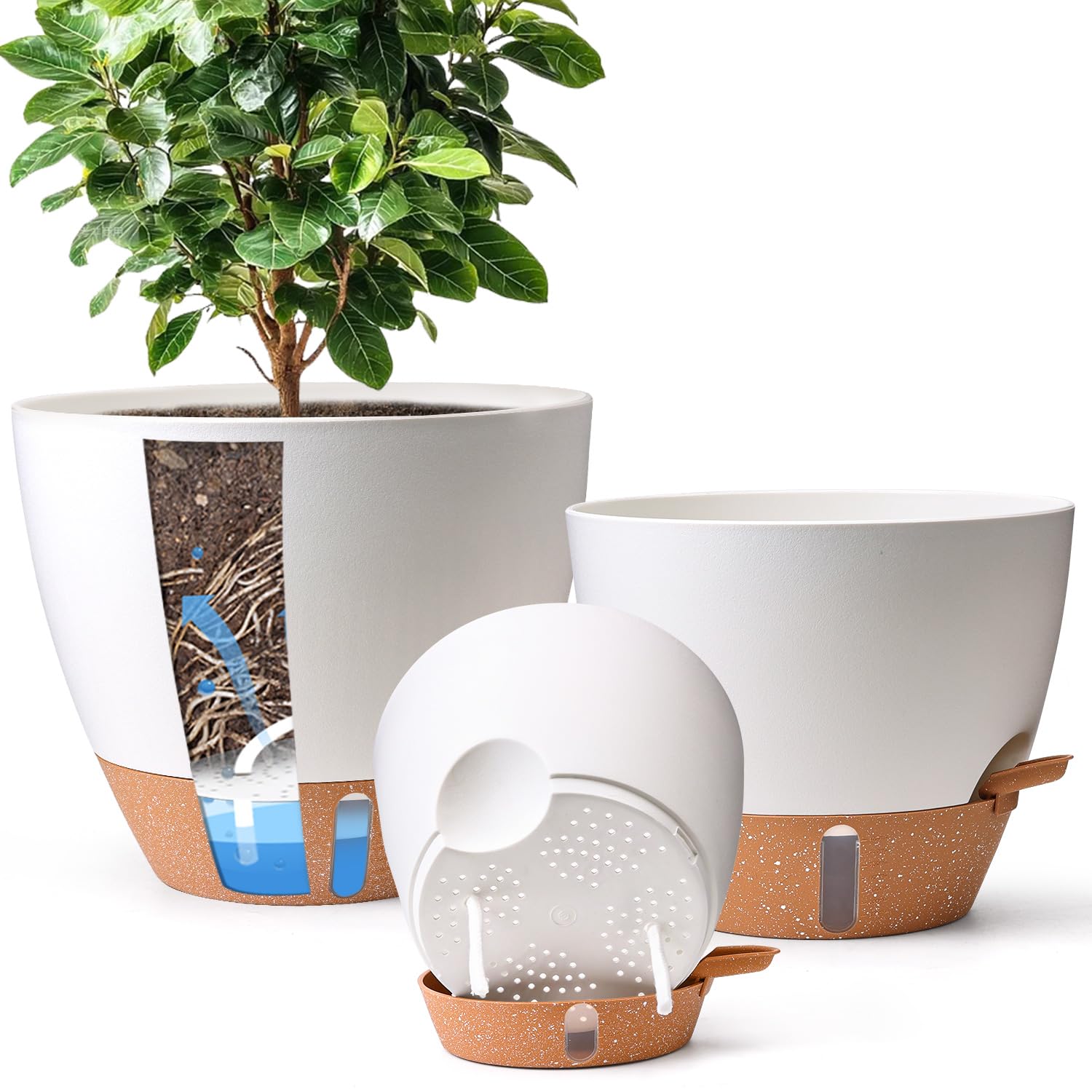 T4U front view of three white self watering pots showing tidy display and decor benefit