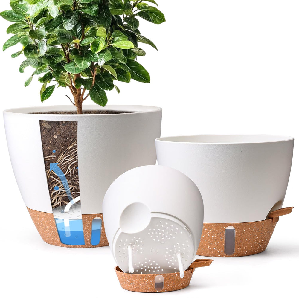 T4U front view of three white self watering pots showing tidy display and decor benefit