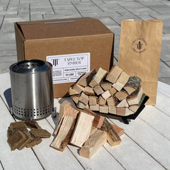 Table Top Timber front pack showing mini firewood and starters, ready for tabletop pits