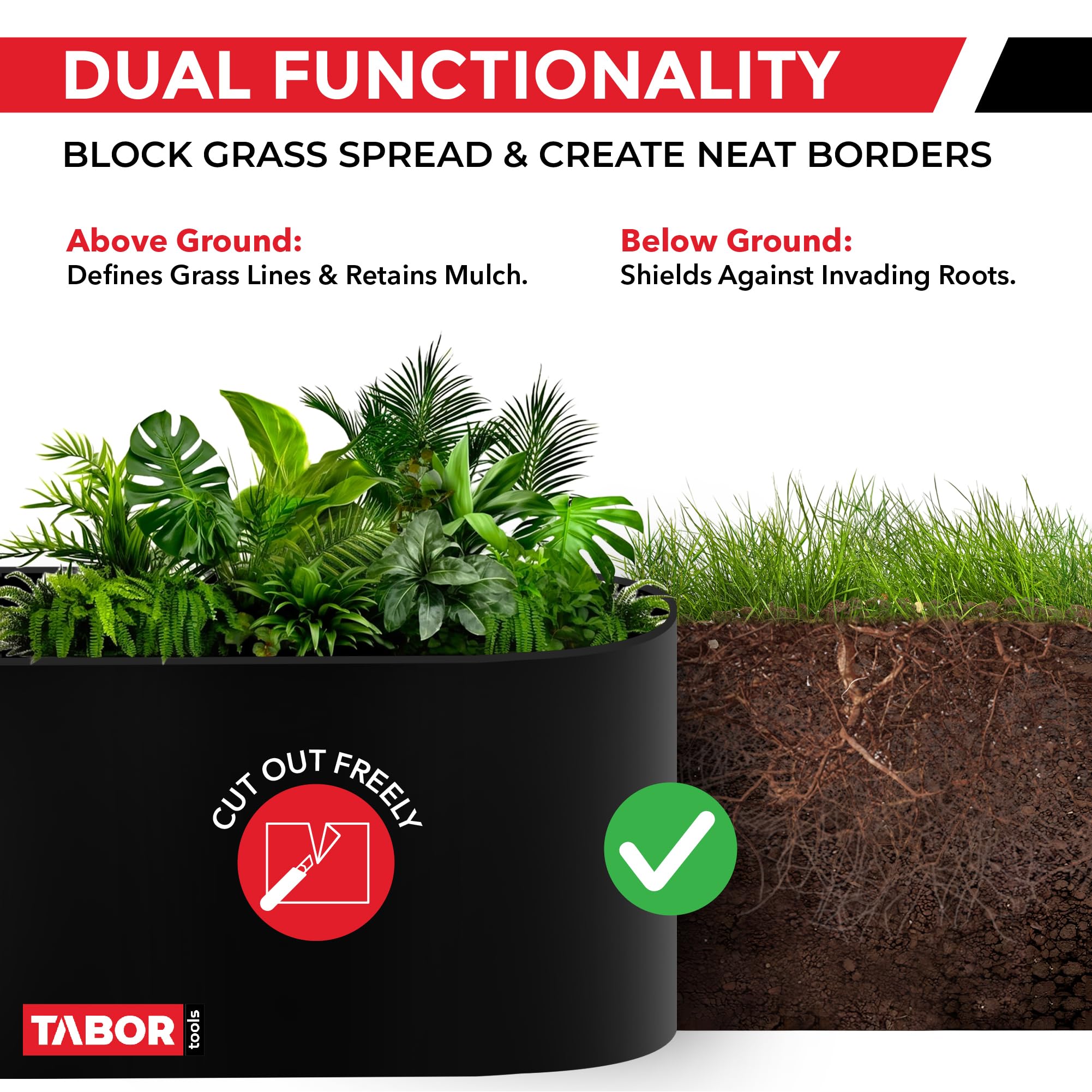 TABOR TOOLS cutaway of buried edge showing root barrier protection beneath soil