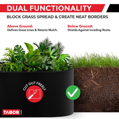 TABOR TOOLS cutaway of buried edge showing root barrier protection beneath soil