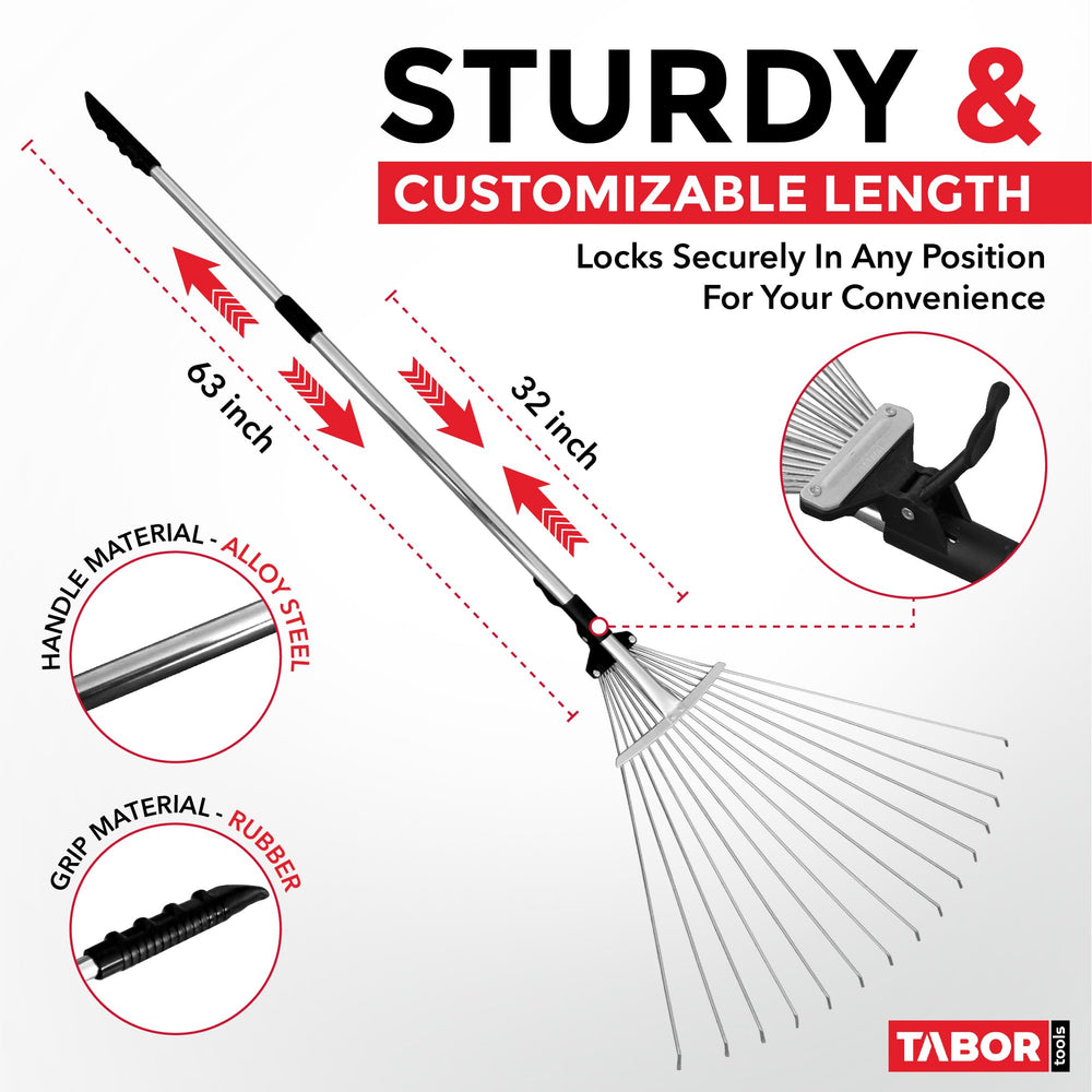 TABOR TOOLS close-up of galvanized tines expanded to 23 inches for faster cleanup