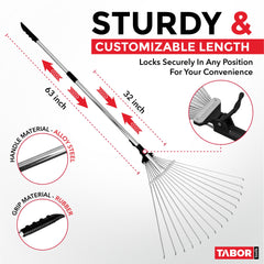 TABOR TOOLS close-up of galvanized tines expanded to 23 inches for faster cleanup