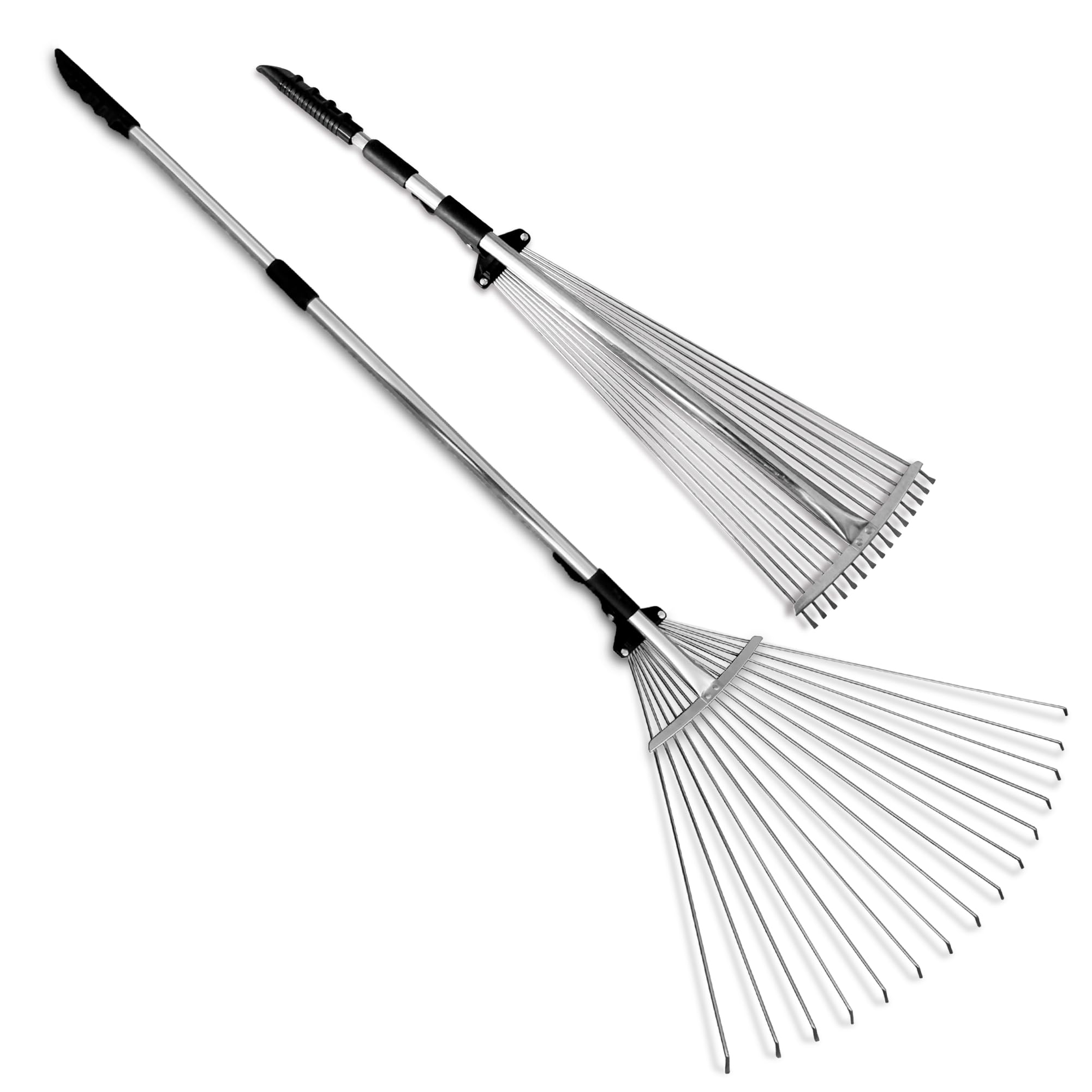 TABOR TOOLS rake front view showing expandable head and benefit of quick leaf sweep