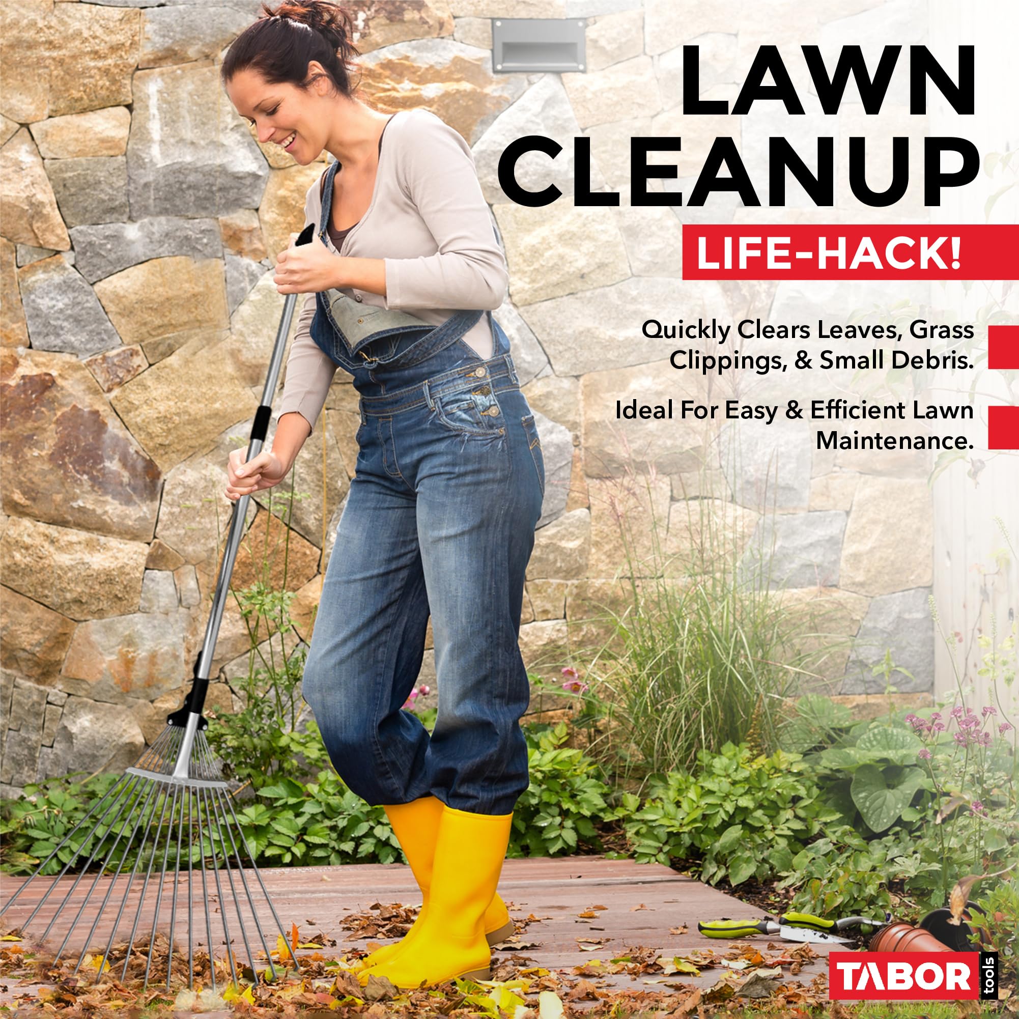 TABOR TOOLS rake clearing grass clippings on a lawn for efficient yard maintenance