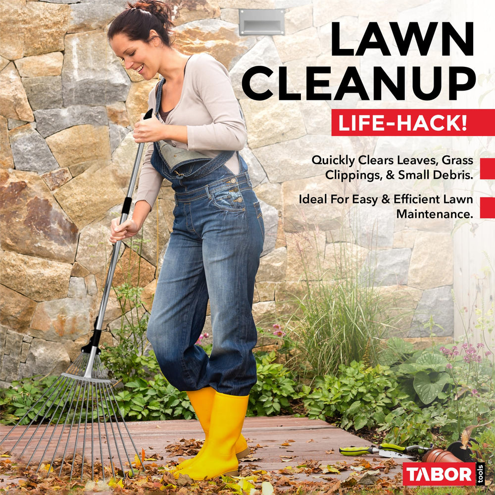 TABOR TOOLS rake clearing grass clippings on a lawn for efficient yard maintenance