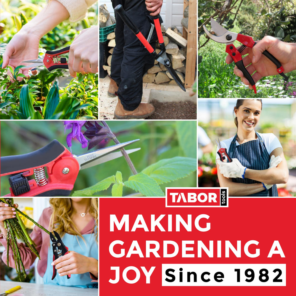 TABOR TOOLS rake beside measuring tape showing collapsed and extended length options