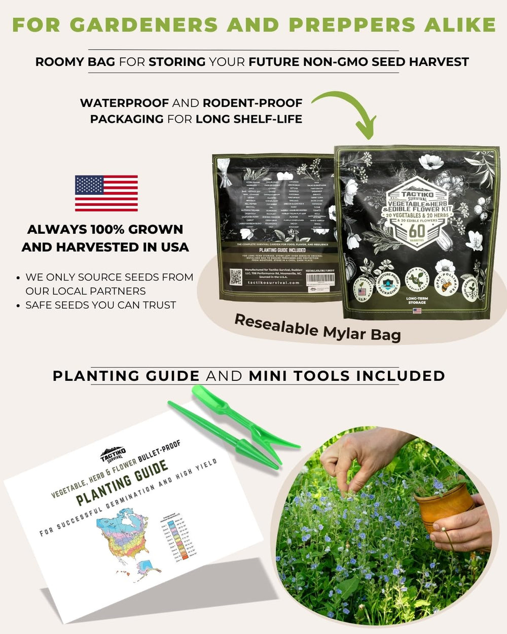 Tactiko Survival mini planting tools included for quick seed starting