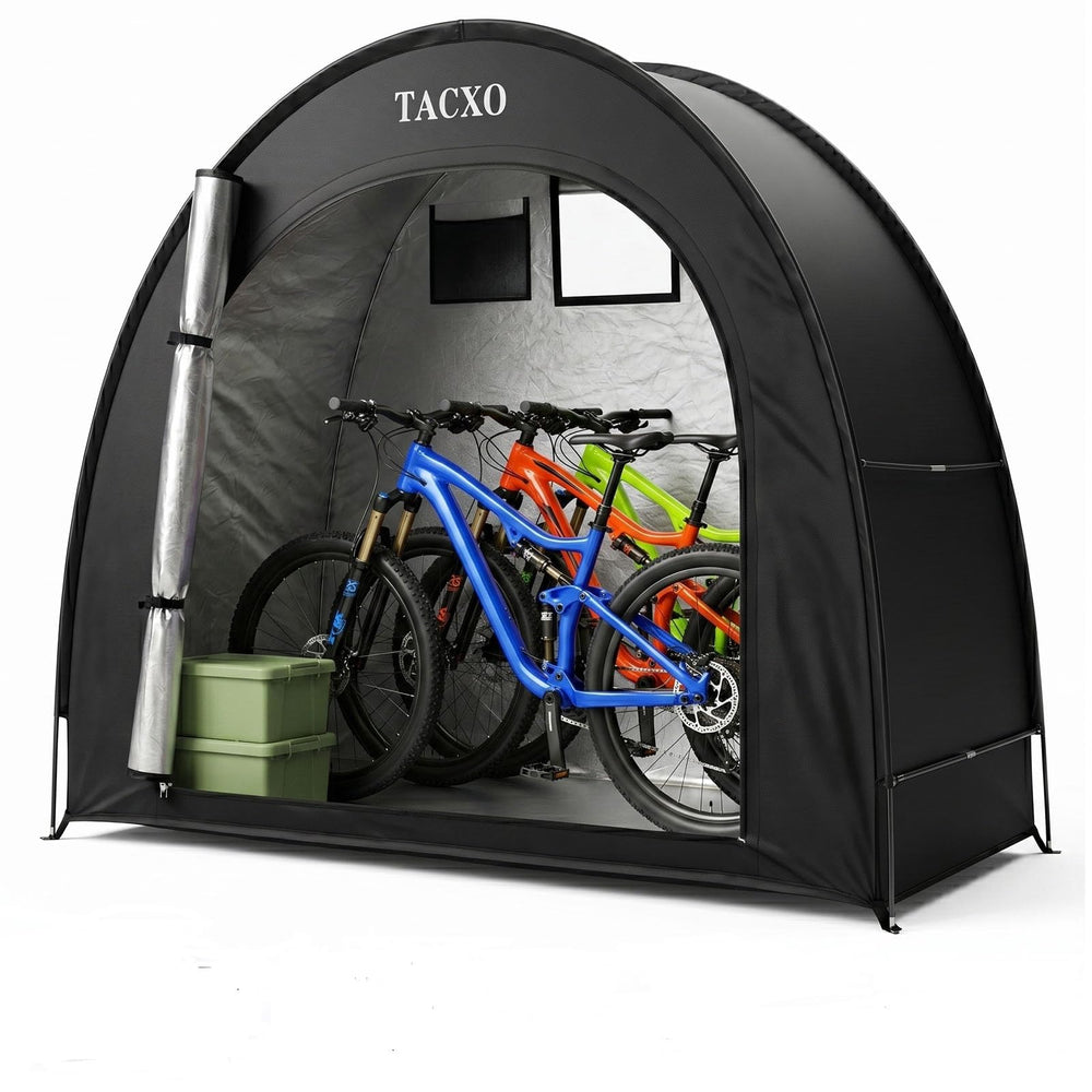 TACXO front view of tent closed showing protected bikes and quick access