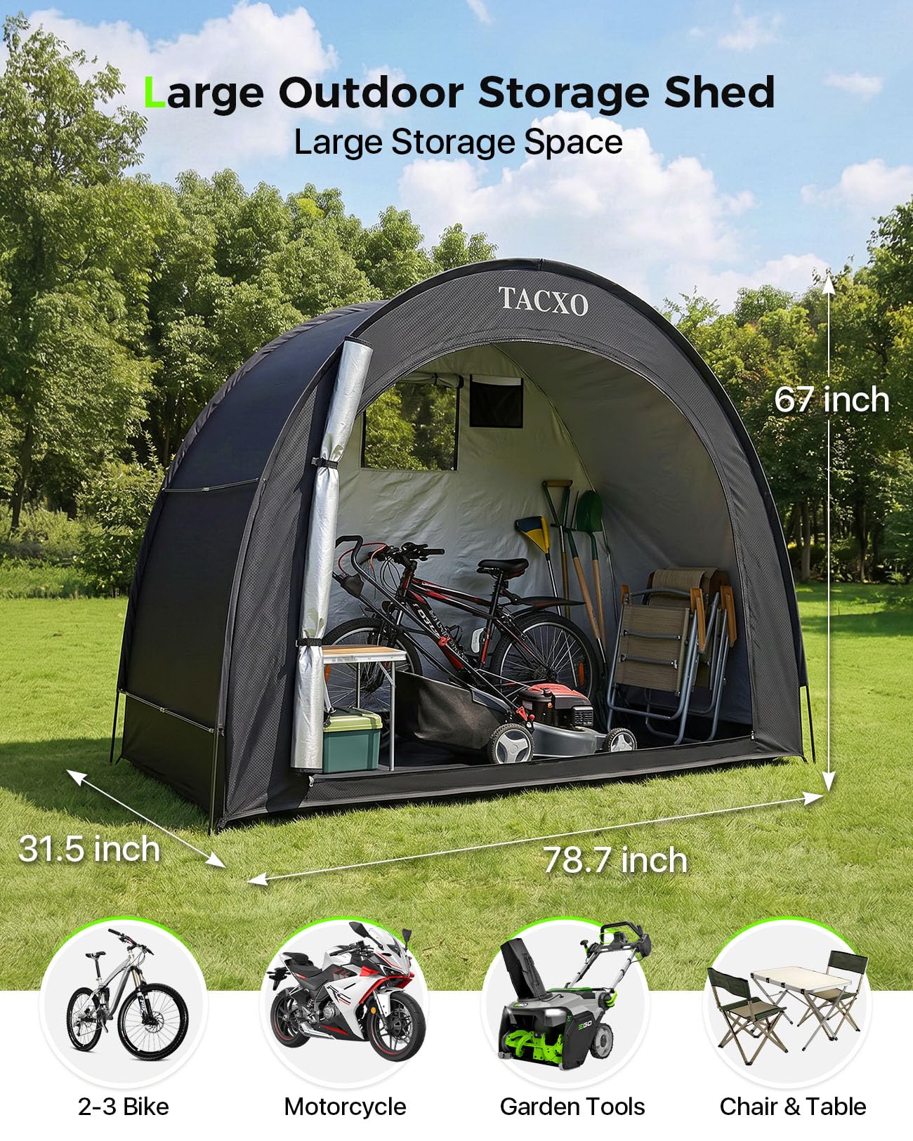 TACXO side profile illustrating length and compact footprint for patios