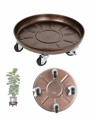 Tadpolebaby front view of 14-inch metal plant caddy showing sturdy frame and wheels