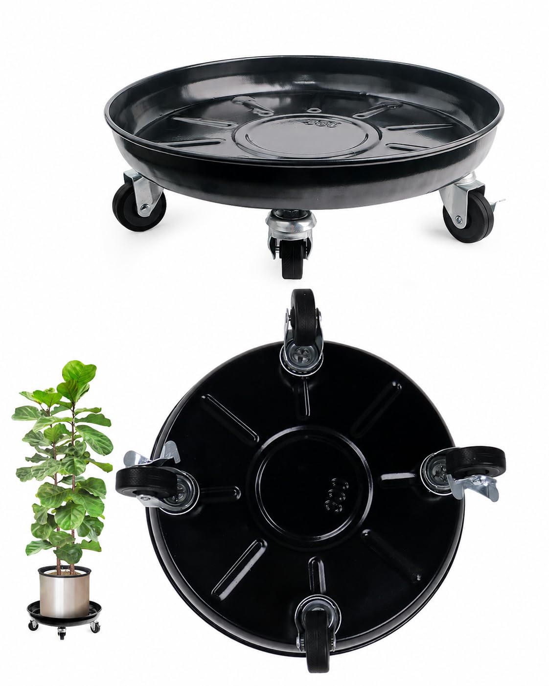 Tadpolebaby front view of two black metal plant caddies showing sturdy build and compact mobility