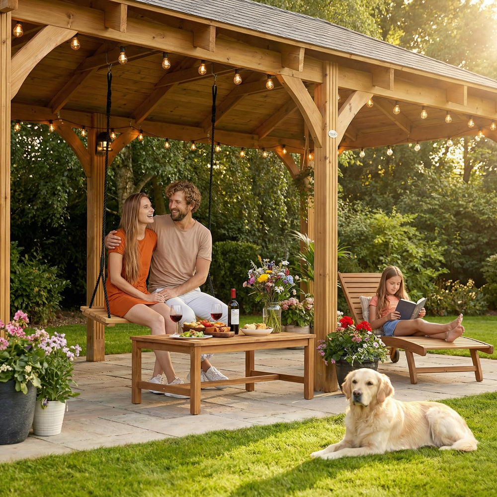 Taeku swing installed on covered porch for cozy outdoor seating