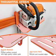 Taeoox brackets holding a chainsaw in garage showing space-saving organization benefit
