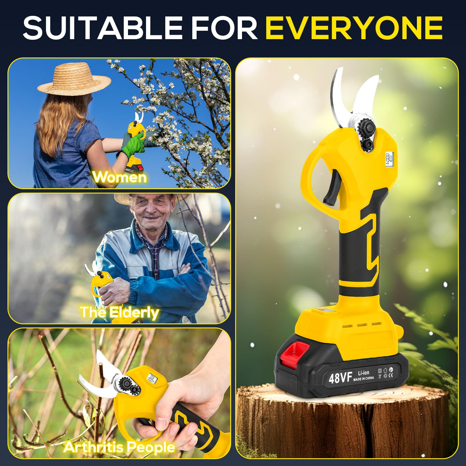 TAEYONK pruner next to trimmed branch showing 1.57 inch cutting capacity and scale