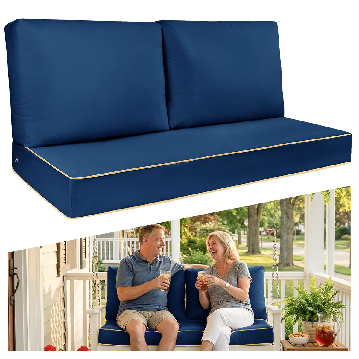 TaiBest front view of blue loveseat cushions showing refreshed outdoor seating and style